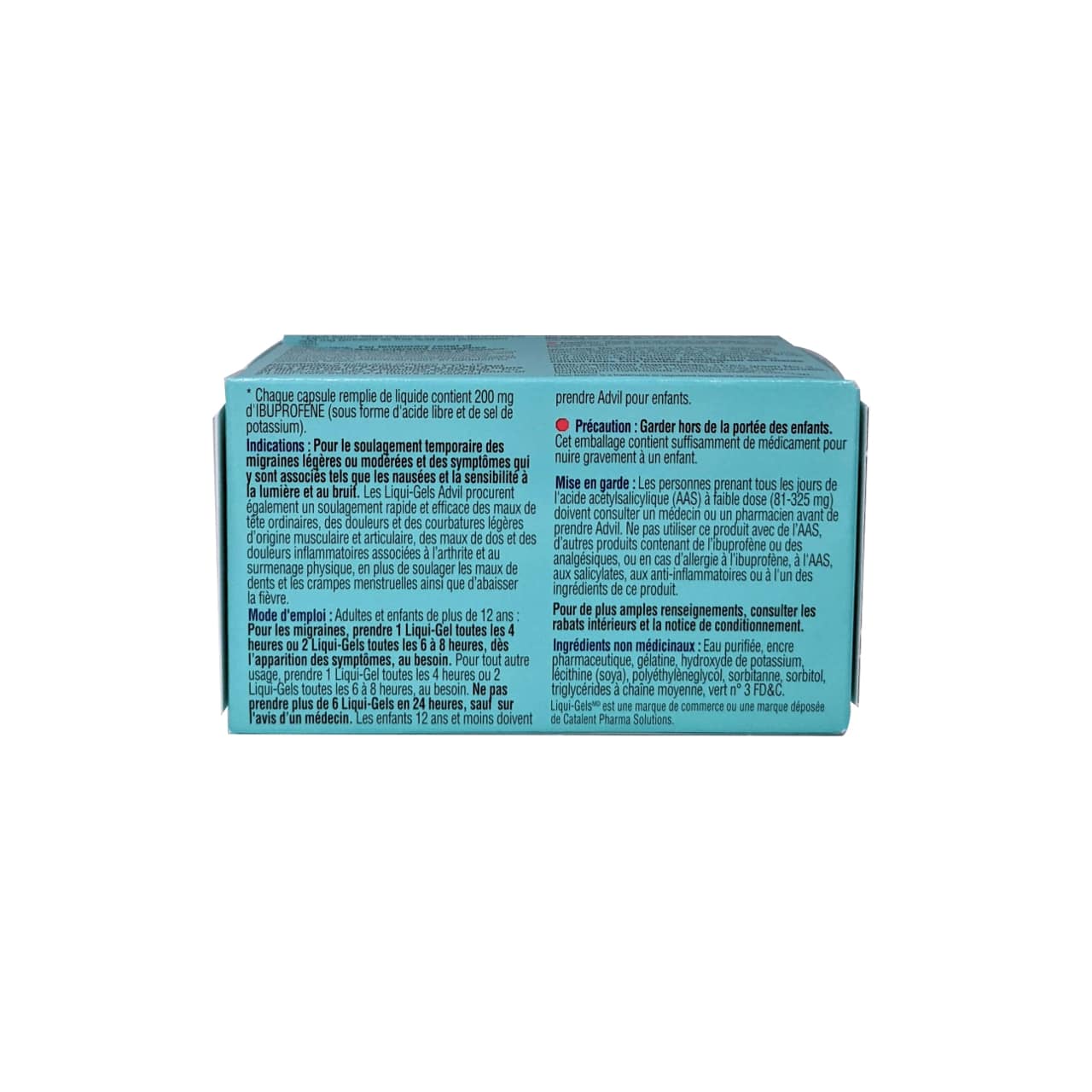 French product details, ingredients, directions, and warnings for Advil Ibuprofen 200mg (Gel Capsules) 32 pack