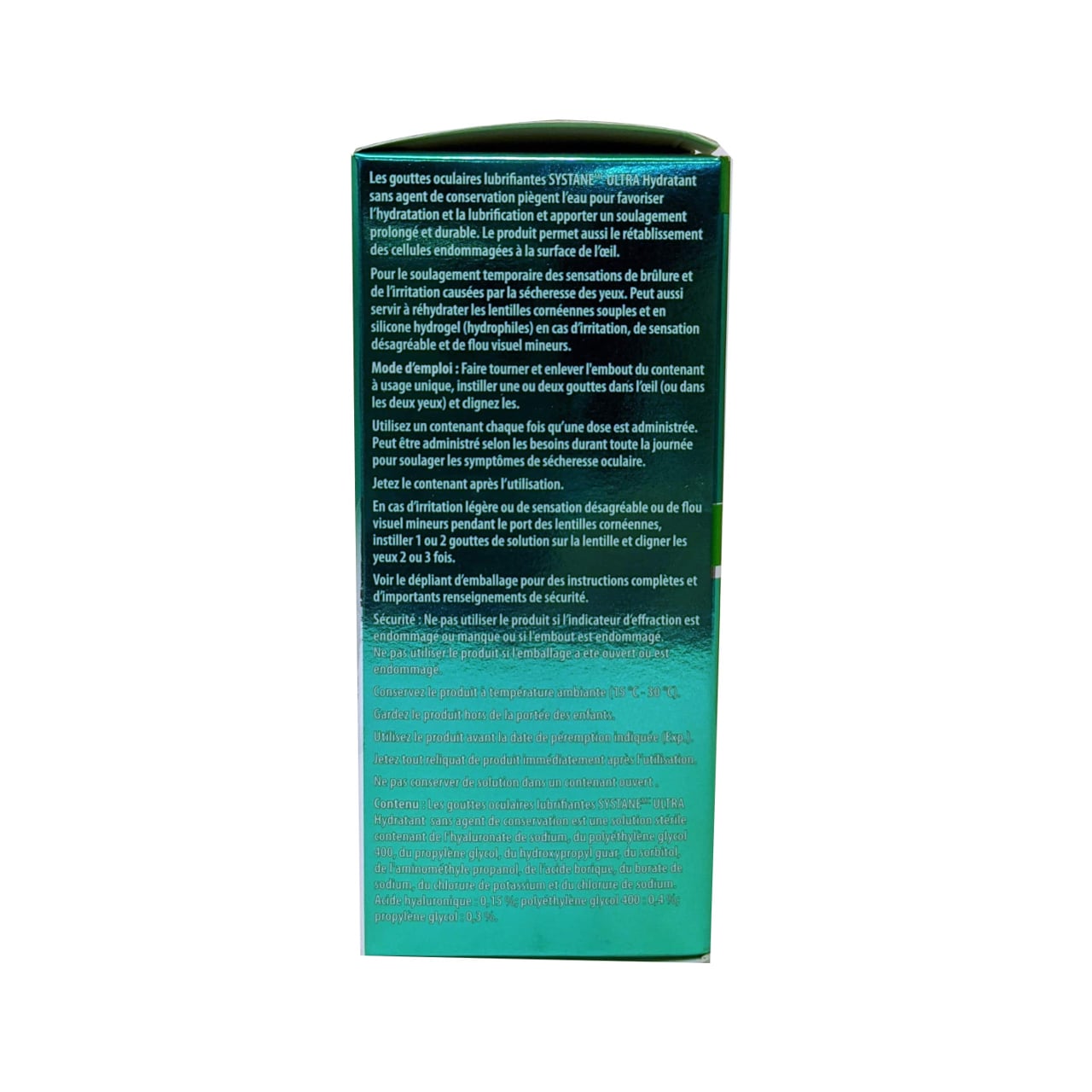Product details, directions, and ingredients for Alcon Systane Ultra Hydration Lubricant Eye Drops single vials in French