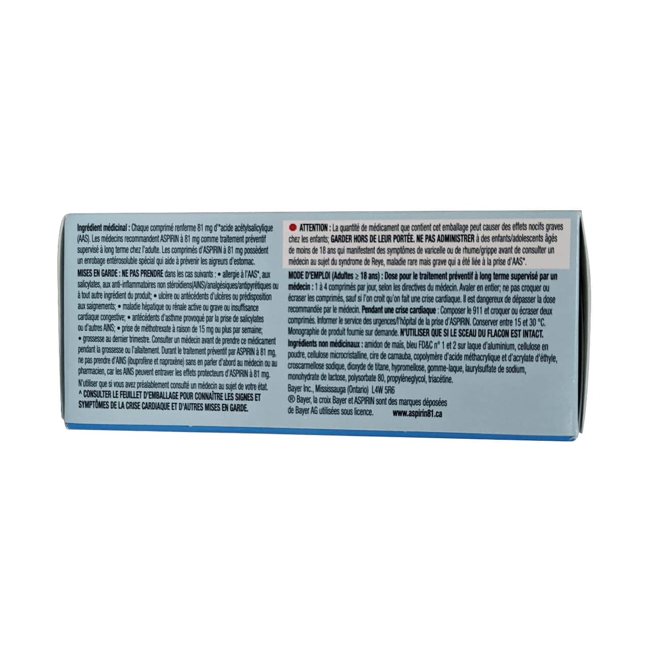 Product details, directions, ingredients, and warnings for Aspirin Acetylsalicylic Acid 81mg Low Dose Delayed Release Tablets in French