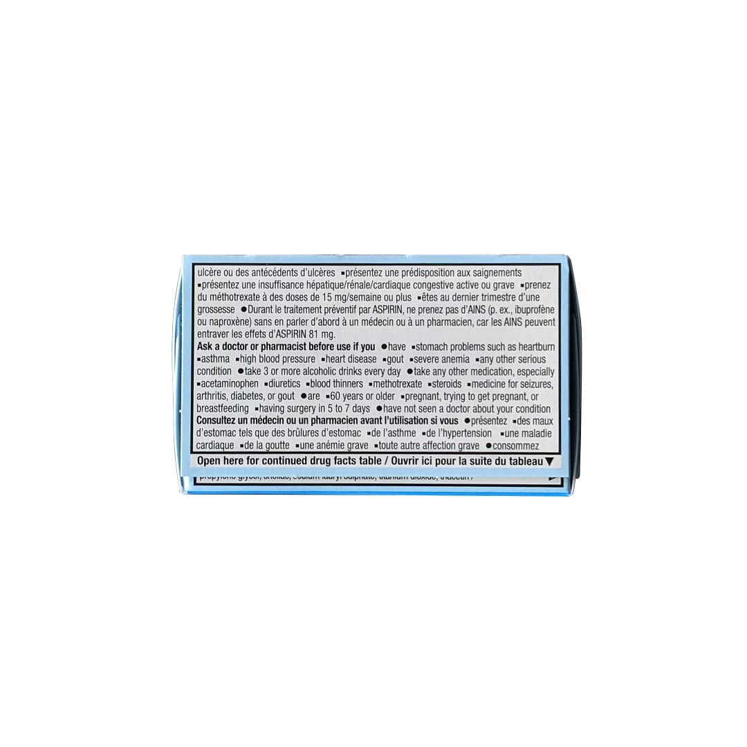 Drug facts for Aspirin Acetylsalicylic Acid 81mg Low Dose Delayed Release Tablets (30 tablets) 3 of 3