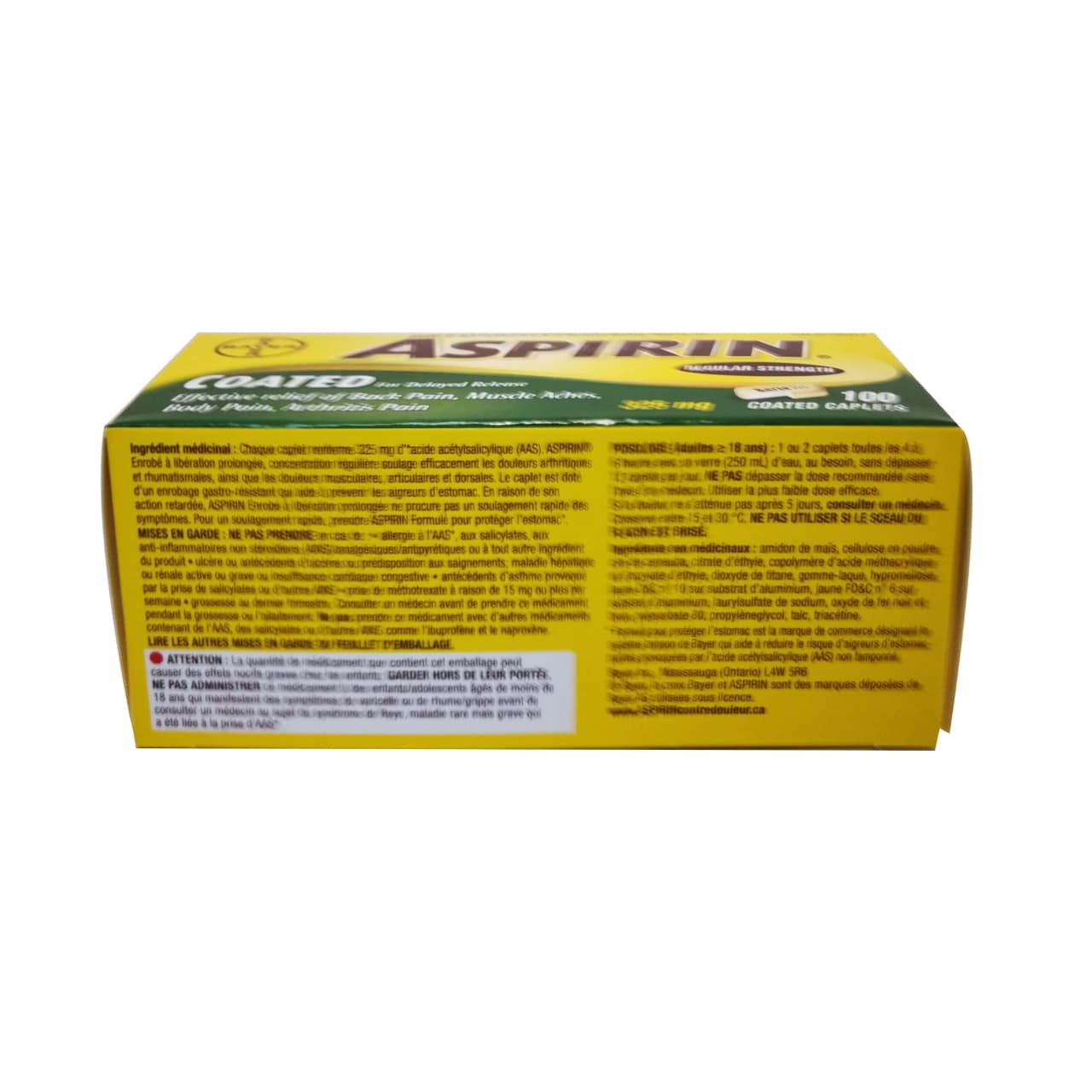 Product details, ingredients, directions, and warnings for Aspirin Regular Strength Acetylsalicylic Acid 325mg Delayed Release in French