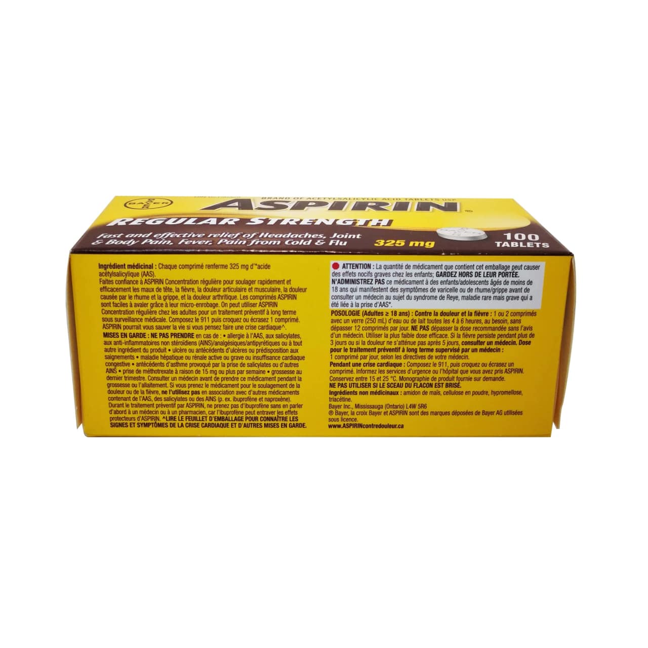 Product details, ingredients, direction, and caution for Aspirin Regular Strength Acetylsalicylic Acid 325mg (Tablets) 100 pack in French