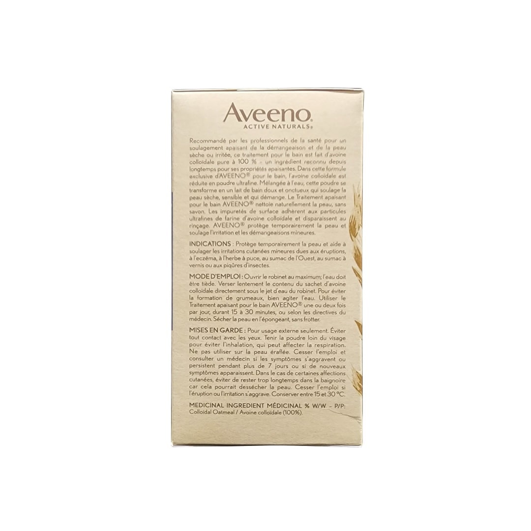 Description, indications, directions, warnings for Aveeno Soothing Bath Treatment (8 x 42 grams) in French