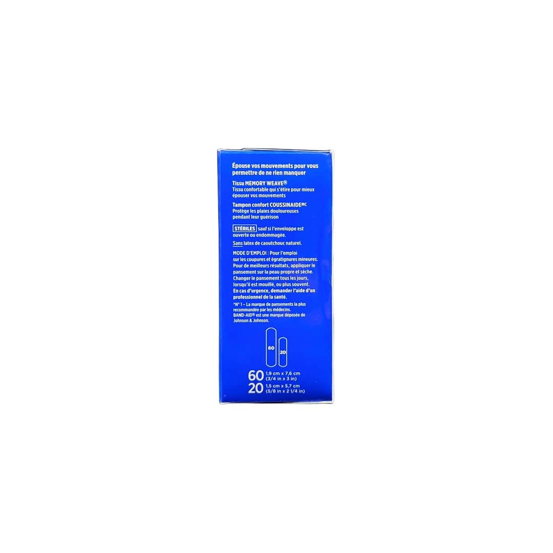 Features and directions for Band-Aid Flexible Fabric Assorted Sizes (80 bandages) in French