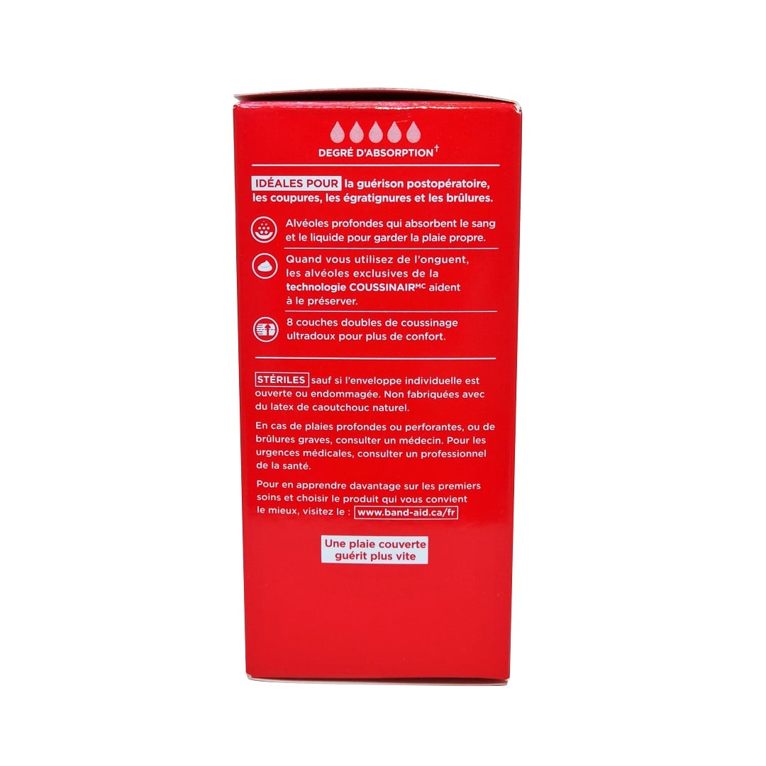 Product description for Band-Aid Sterile Gauze Pads 3"x3" (10 pads) in French