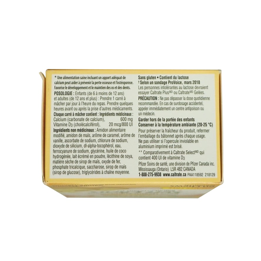 Description, dosage, ingredients, and caution for Caltrate Calcium + Vitamin D3 Soft Chews (Vanilla Flavour) (60 chews) in French