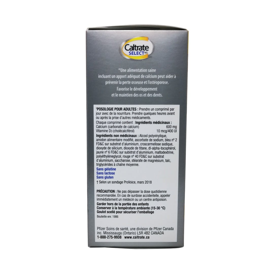 Dose, ingredients, and caution for Caltrate Select Calcium + Vitamin D3 (50 tablets) in French