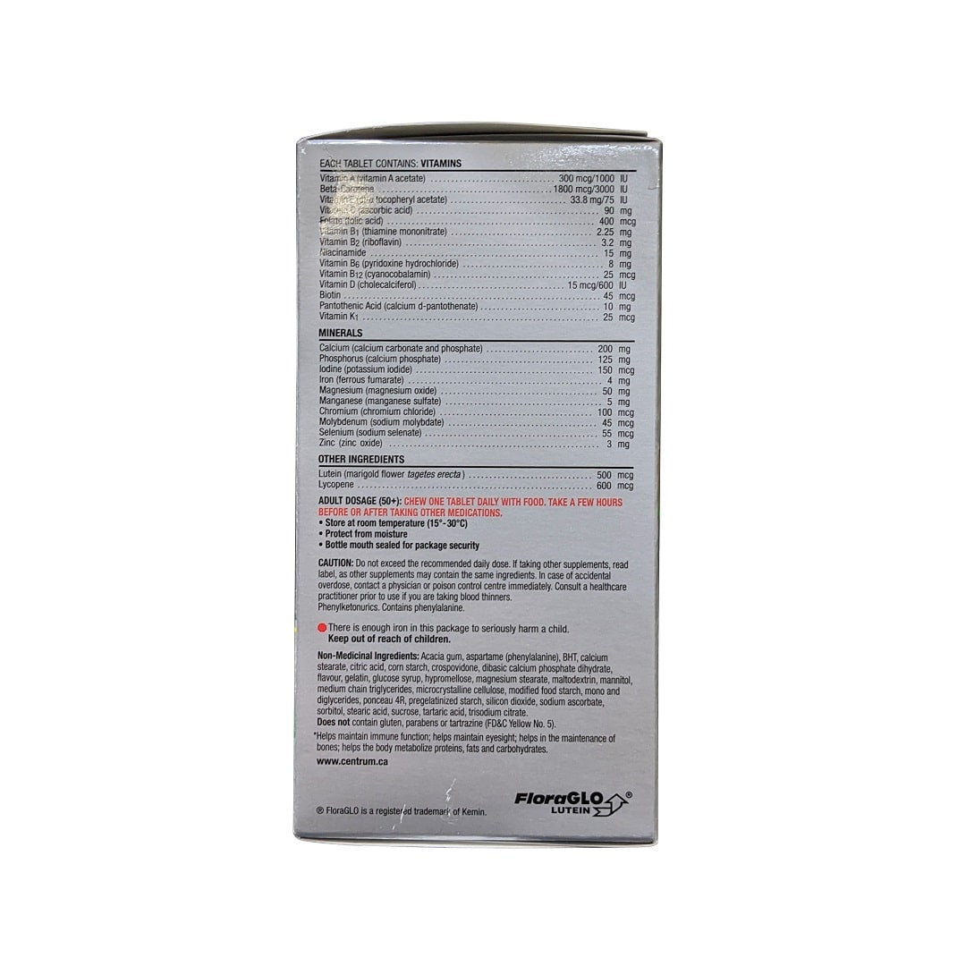 Ingredients, dosage, cautions for Centrum Select Essentials for Adults 50+ Lemon-Berry Chewables (60 tablets) in English