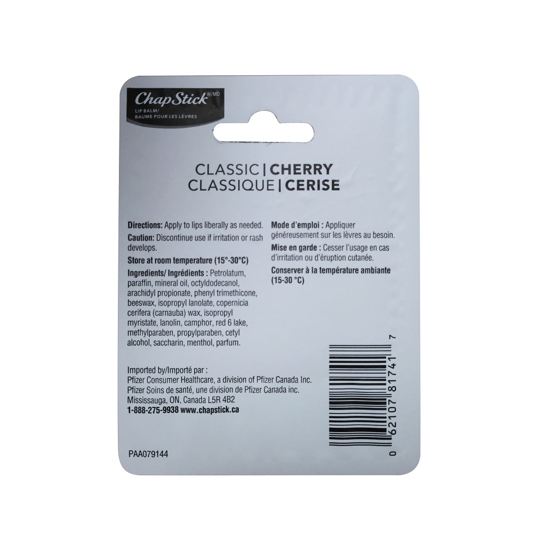 Directions, caution, and ingredients for ChapStick Lip Balm Classic Cherry (4 grams)