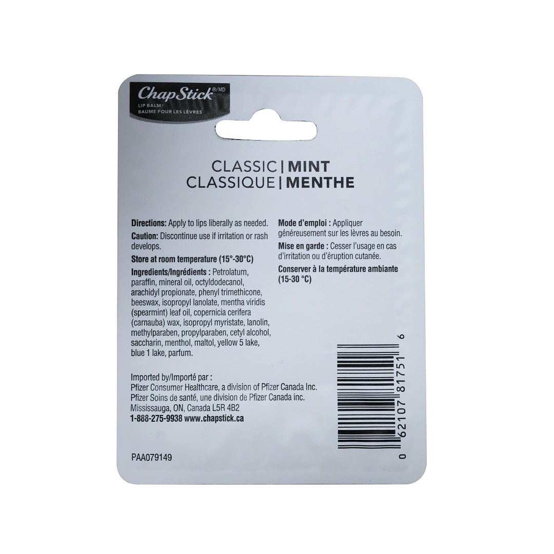 Directions, cautions, and ingredients for ChapStick Lip Balm Classic Mint (4 grams)