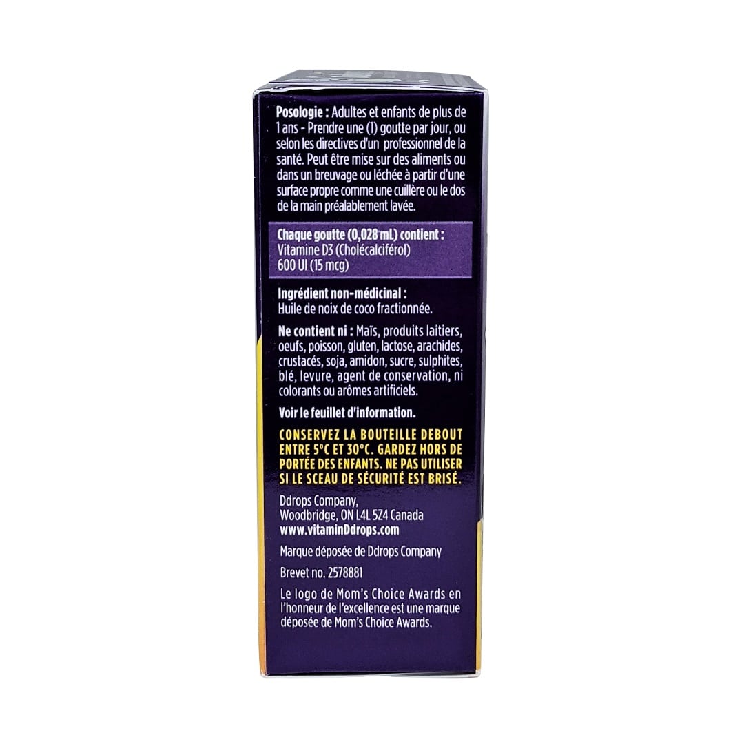 Directions, ingredients, and other info for Ddrops Booster Liquid Vitamin D3 600 IU (5 mL / 180 drops) in French