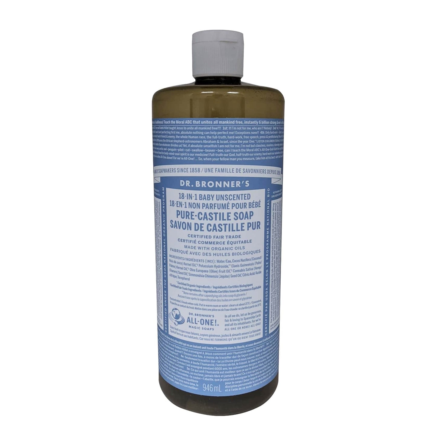 Product label for Dr. Bronner's Baby Unscented Pure Castile Liquid Soap