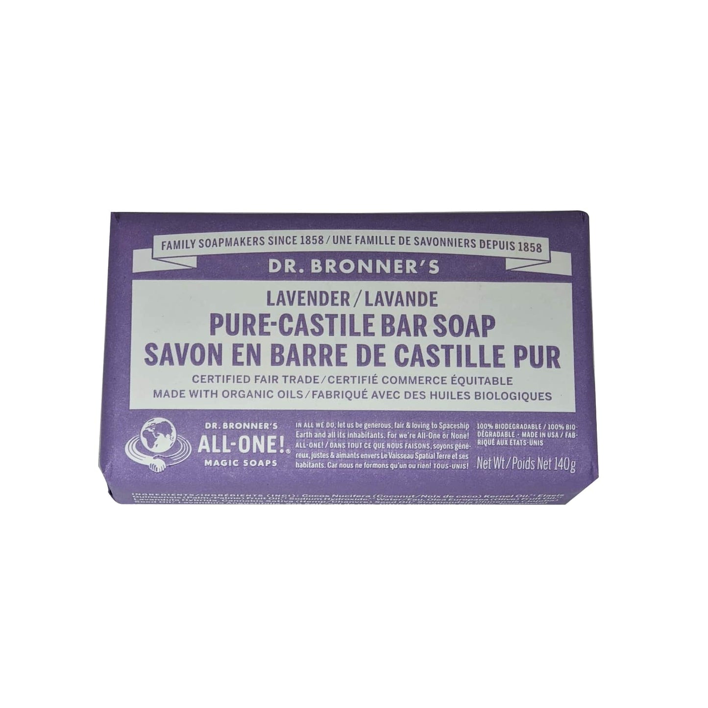 Product packaging for Dr. Bronner's Lavender Pure Castile Bar Soap