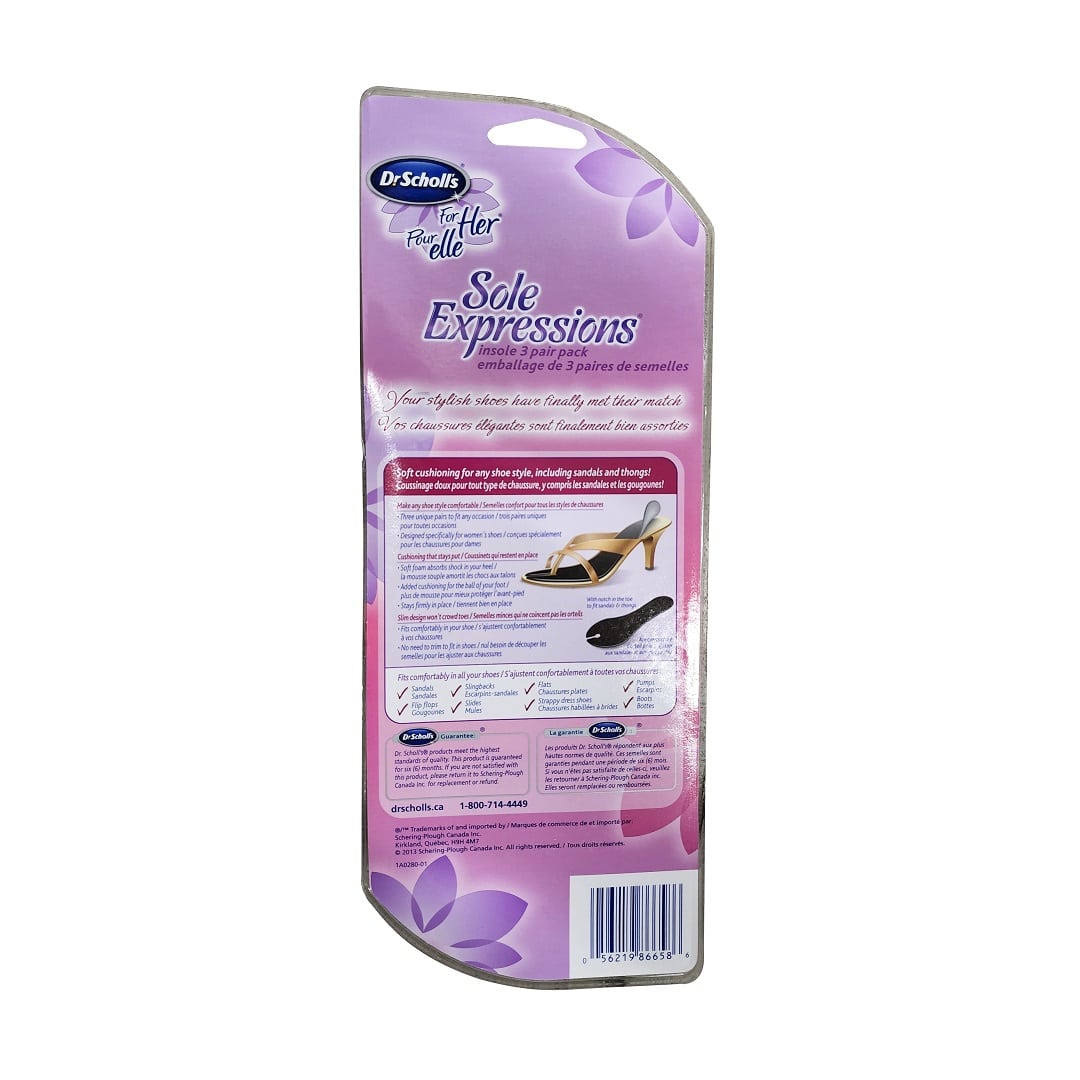 Description and directions for Dr. Scholl's for Her Rub Sole Expressions Insoles (3 pairs)