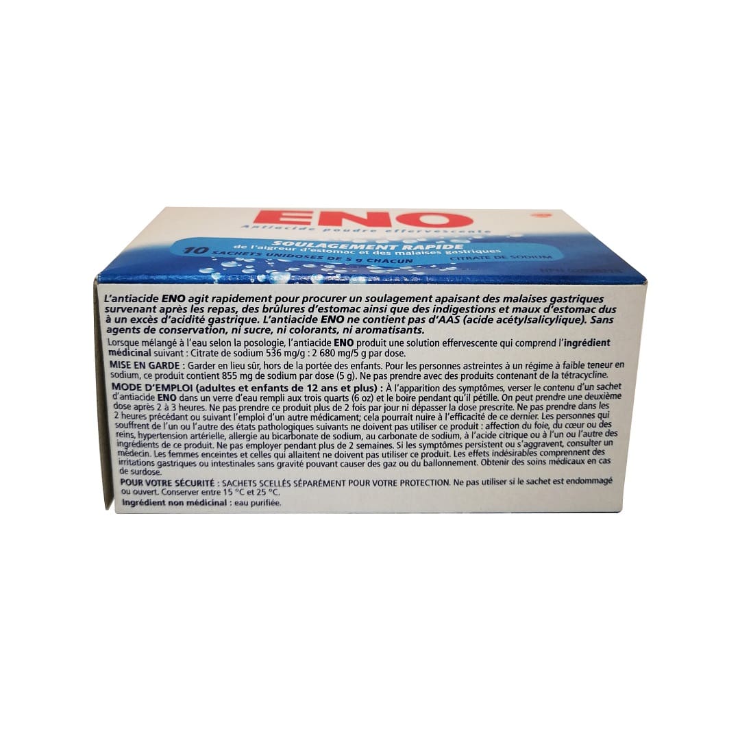 Description, directions, ingredients, and cautions for ENO Antacid Effervescing Powder (5g x 10 doses) in English