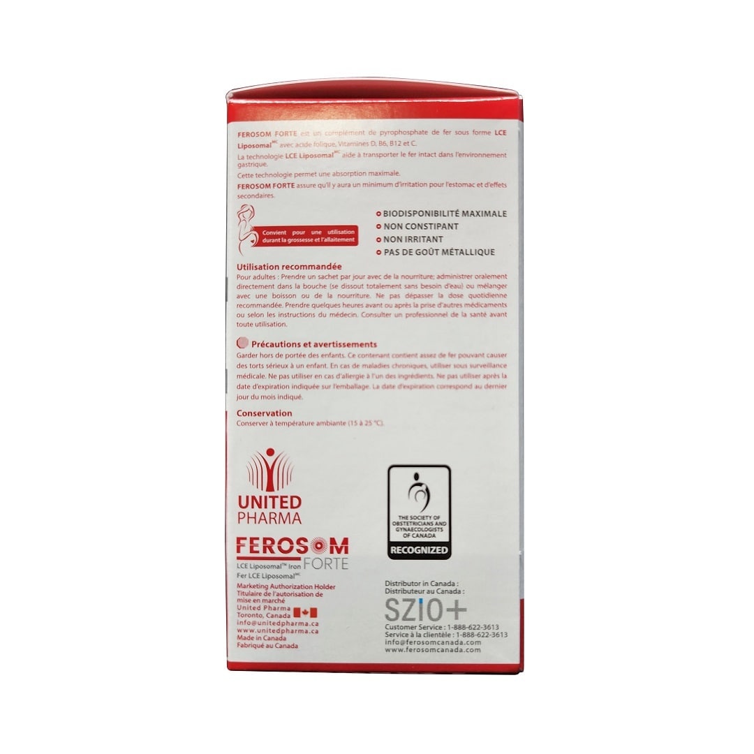 Ingredients, uses, warnings for Ferosom Forte LCE Liposomal Iron (20 count) in French
