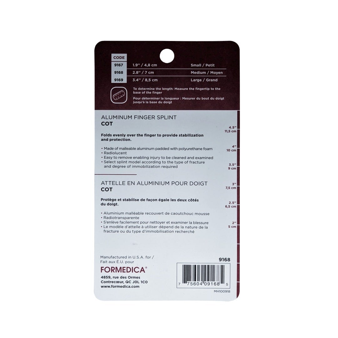 Description and size chart for Formedica Cot Style Finger Splint