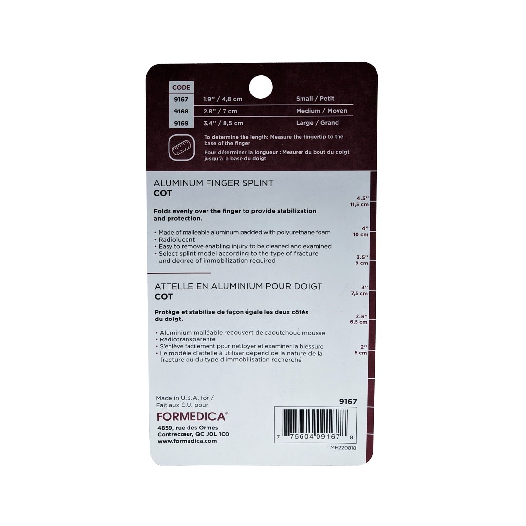 Description and size chart for Formedica Cot Style Finger Splint (Small)