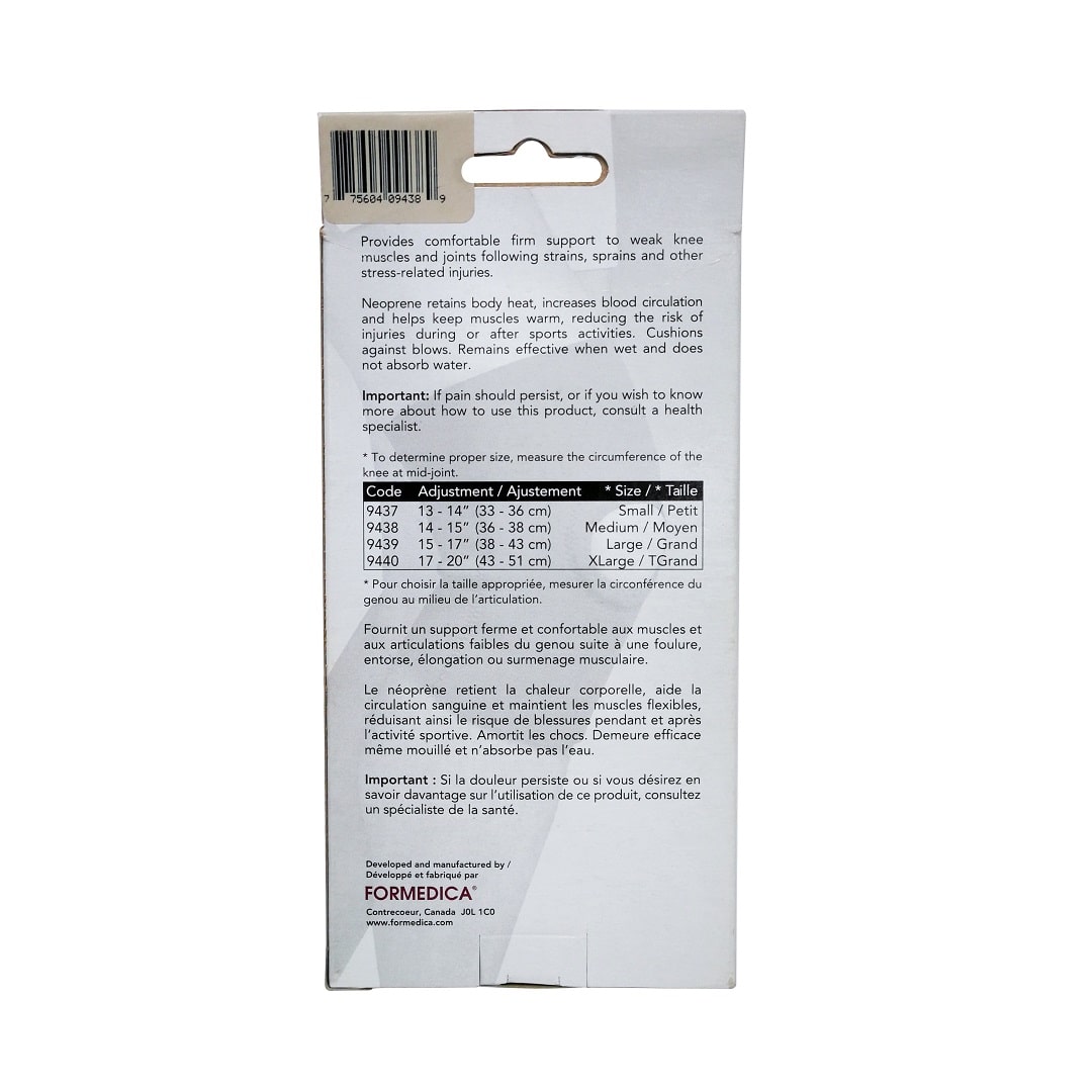 Description, caution, and size chart for Formedica Neoprene Knee Support (Medium)