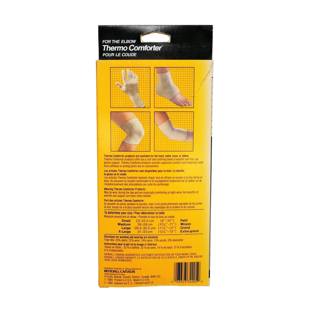 Description, size chart, and instructions for Futuro Thermo Comforter For the Elbow