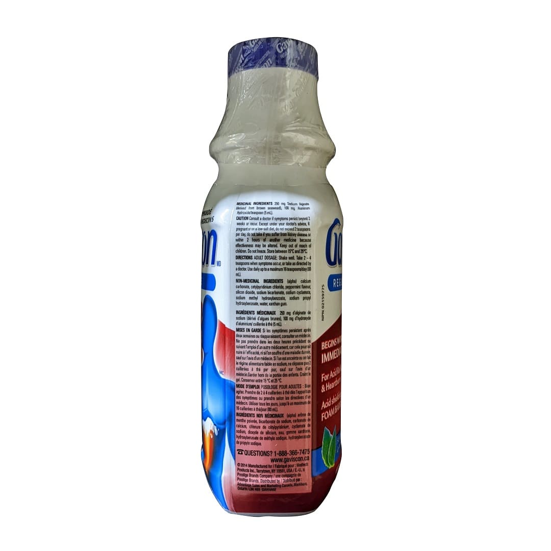 Description, directions, Ingredients, warnings for Gaviscon Regular Strength Liquid Soothing Icy Mint (600 mL)
