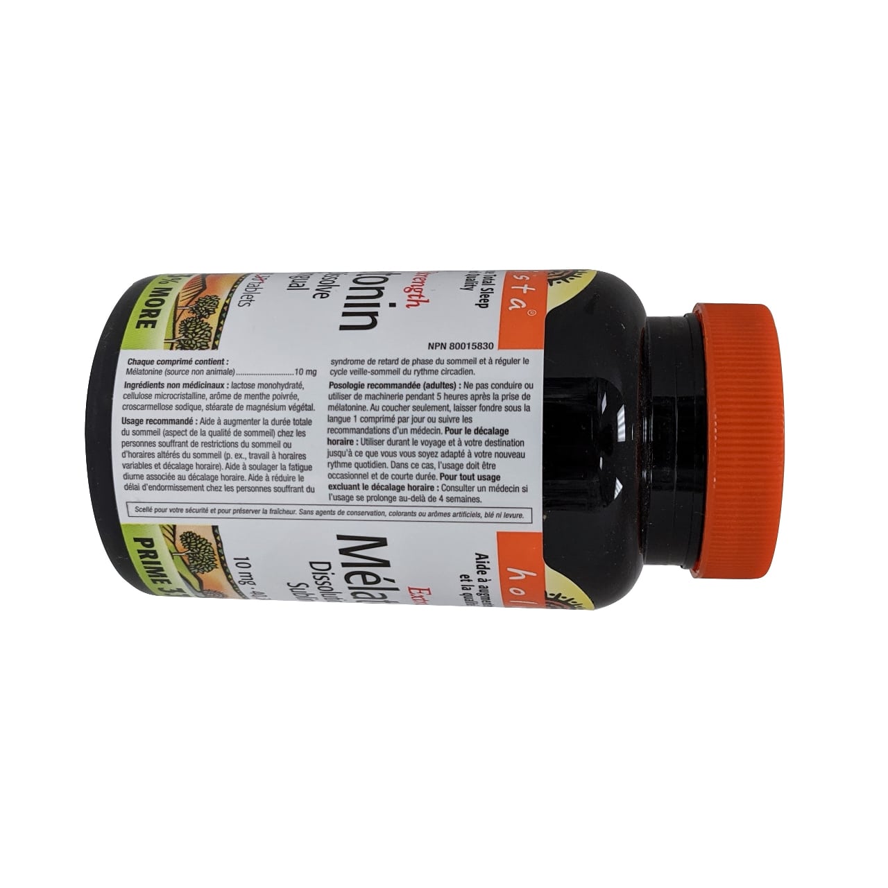 Product details, ingredients, and dosage for Holista Melatonin Extra Strength 10mg in French