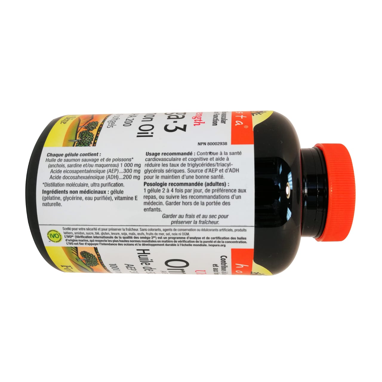 Product details, ingredients, and dose for Holista Omega-3 with Wild Salmon Oil 1000mg in French