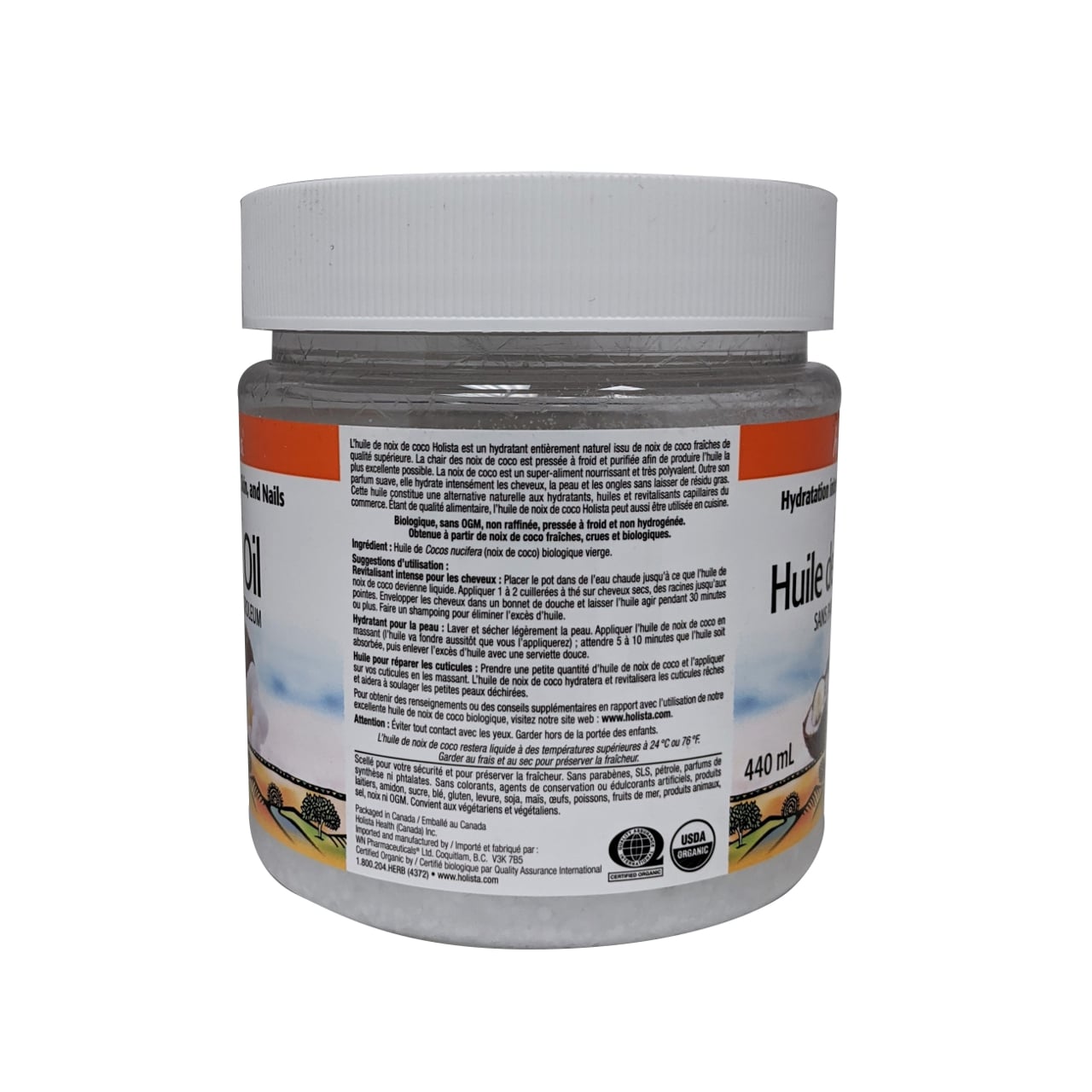 Product details, ingredients, and directions for Holista Organic Coconut Oil Cream in French