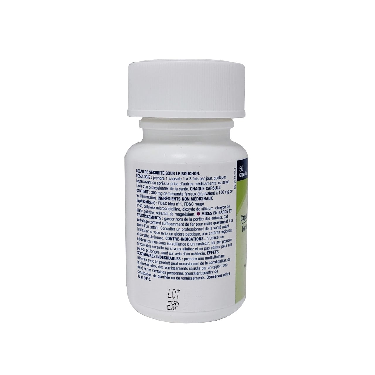 Directions, ingredients, and warnings for JAMP FeR Ferrous Fumarate 300mg (30 Capsules) in French