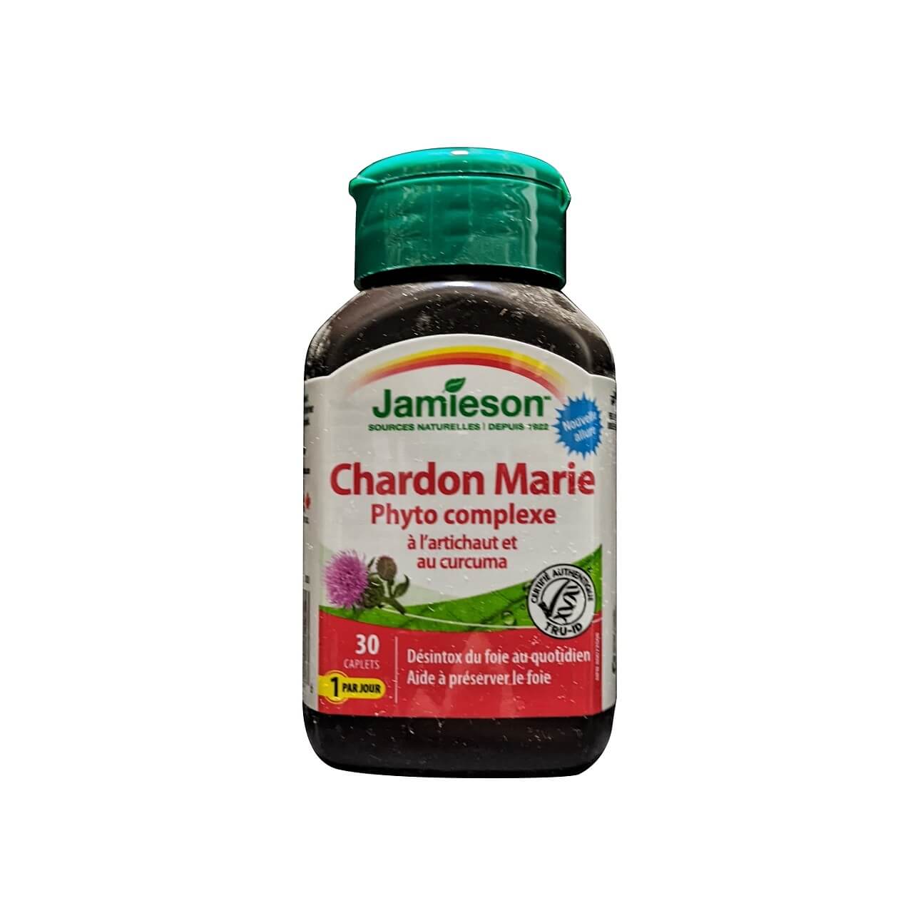 Product label for Jamieson Milk Thistle Herbal Complex with Artichoke and Turmeric (30 caplets) in French