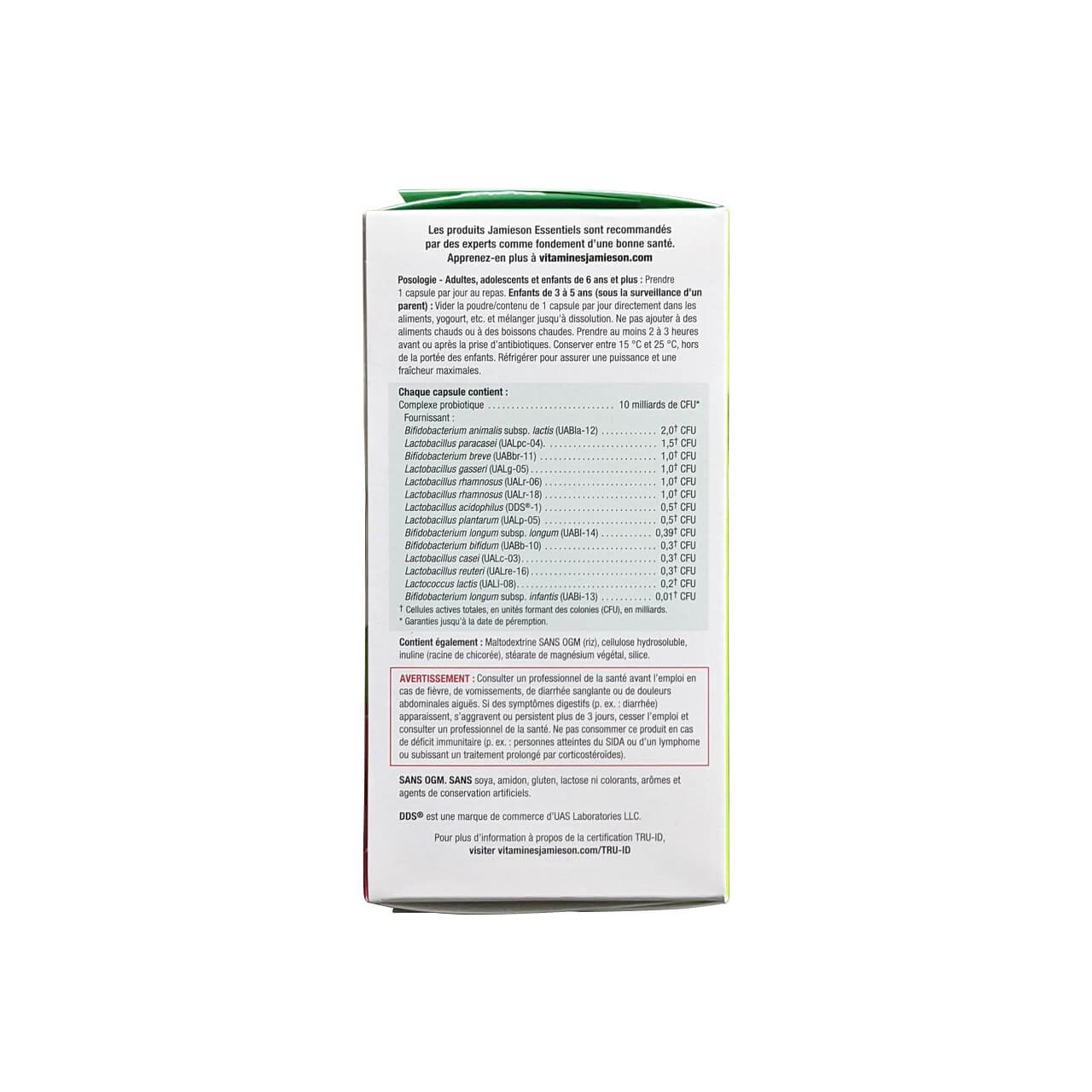 Directions, ingredients, and warnings for Jamieson Probiotic 10 Billion Daily Maintenance (60 capsules) in French