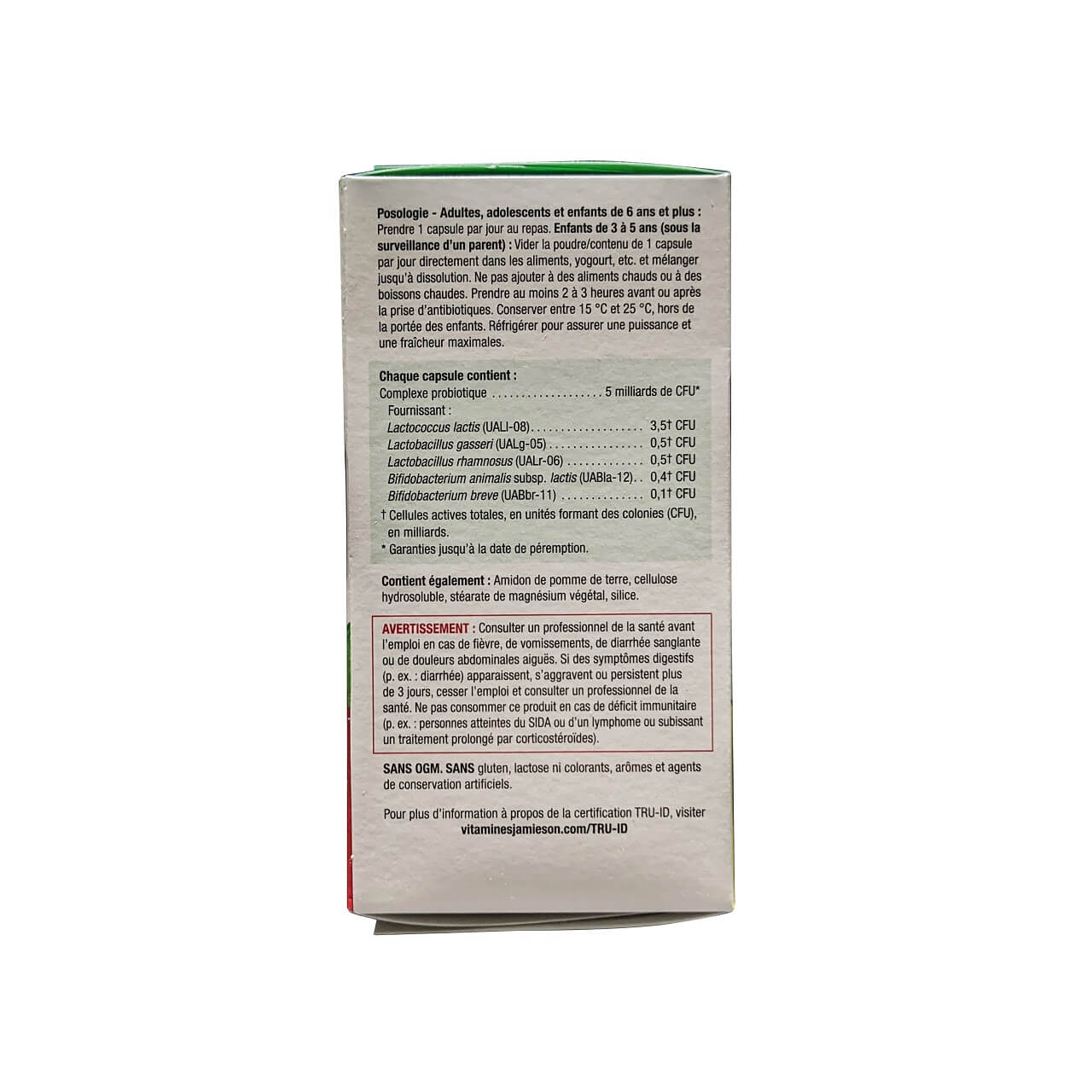Directions, ingredients, and warnings for Jamieson Probiotic 5 Billion Active Cells Regular Strength (72 capsules) in French