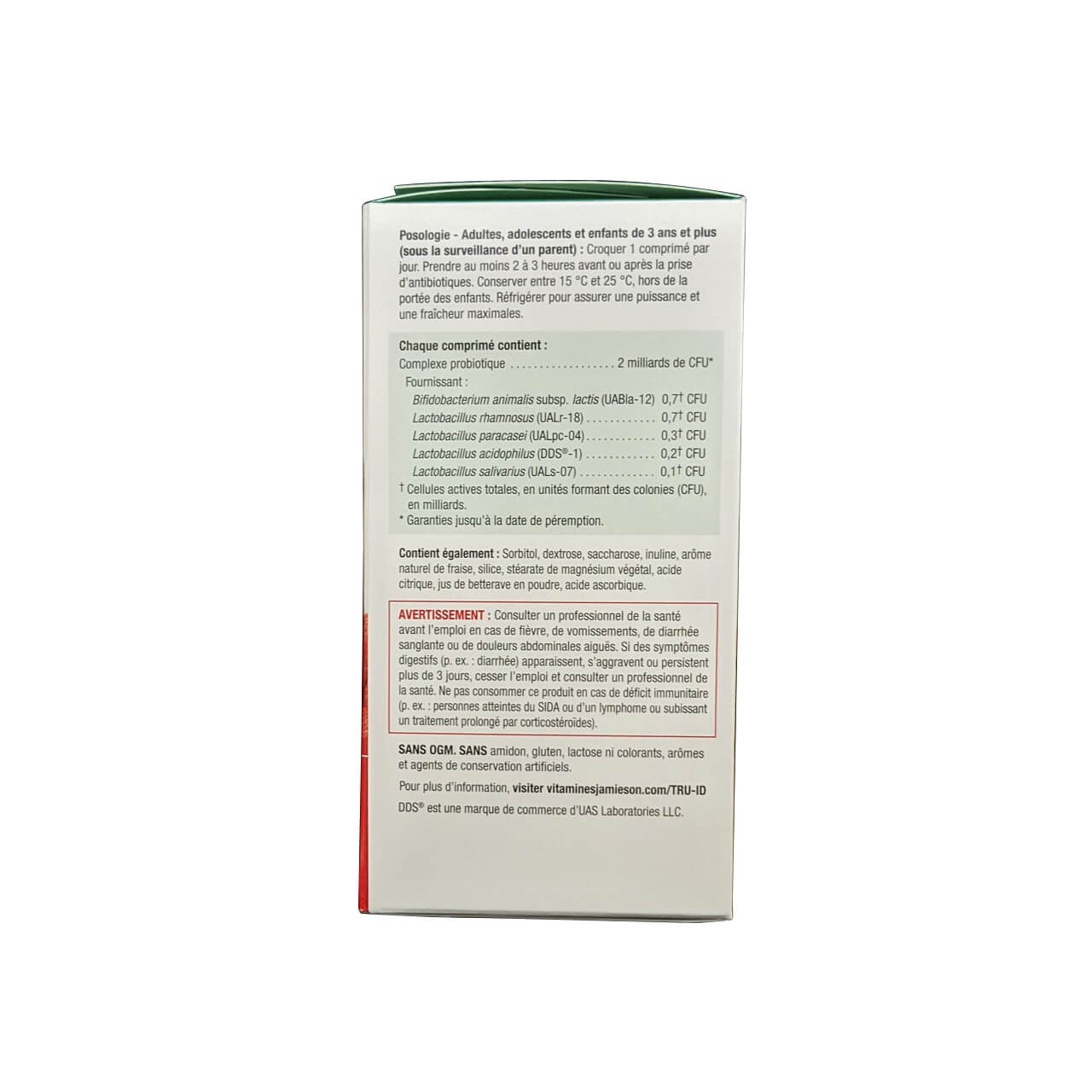 Directions, ingredients, and warnings for Jamieson Probiotic Chewables Natural Strawberry Flavour (60 chewable tablets) in French