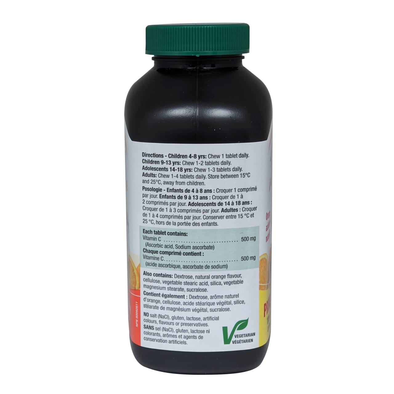 Product directions and ingredients for Jamieson Vitamin C 500mg Orange Flavour Chewables in French and English