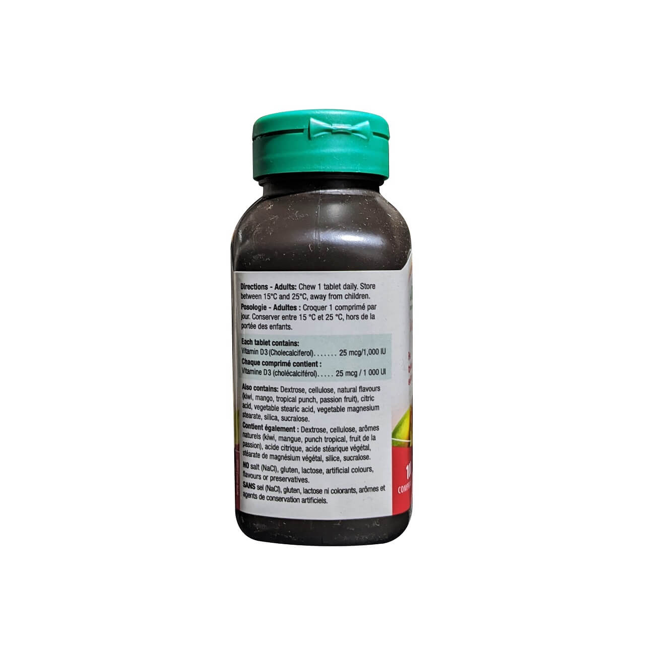 Directions and ingredients for Jamieson Vitamin D3 1000 IU Exotic Tropical Fruit (100 tablets)