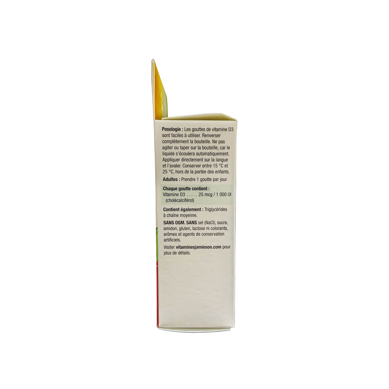 Directions and ingredients for Jamieson Vitamin D3 Drops 1000 IU (11.4 mL) in French
