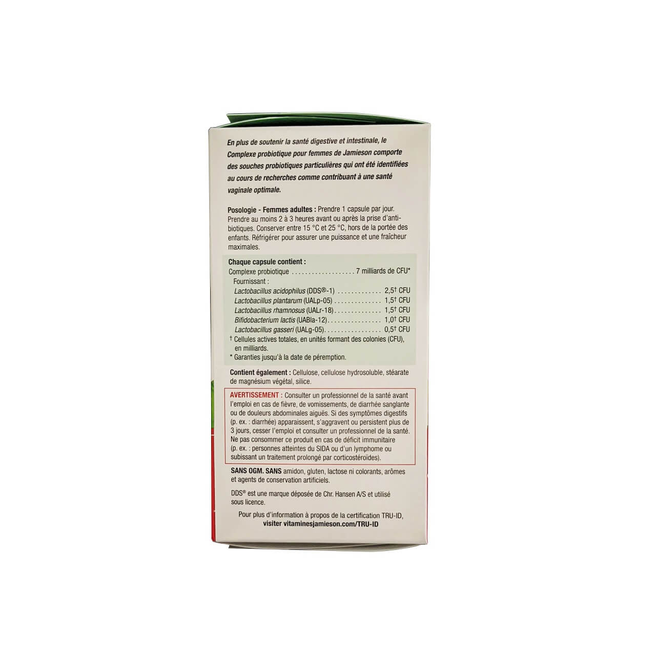 Description, directions, ingredients, and warnings for Jamieson Women's Probiotic Complex 7 Billion (45 capsules) in French
