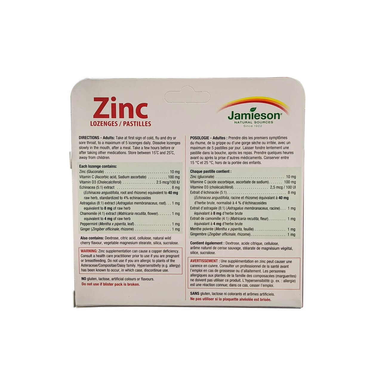 Directions, ingredients, warnings for Jamieson Zinc Lozenges with Echinacea and Vitamin C & D Wild Cherry Flavour (30 lozenges)