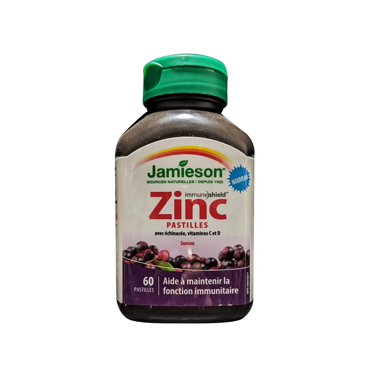 Product label for Jamieson Zinc Lozenges with Echinacea, Vitamins C & D Elderberry Flavour (60 lozenges) in French