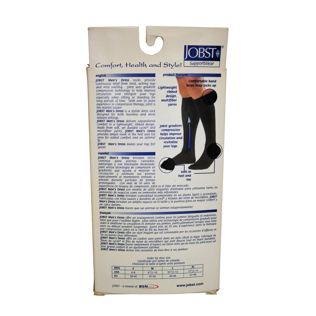 Details and size chart for Jobst SupportWear Men's Compression Socks 8-15 mmHg - Knee High / Black