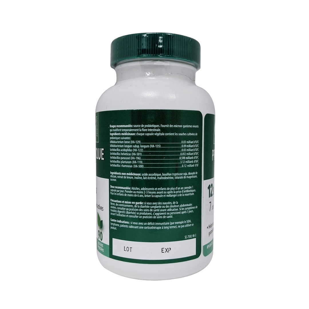Indications, ingredients, dose, and cautions for Laboratoire Suisse Probiotic 12 Billion Complete (90 caplets) in French