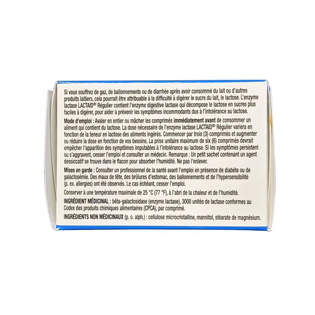 Description, directions, cautions, ingredients for Lactaid Regular Strength Lactase Enzyme (100 tablets) in French