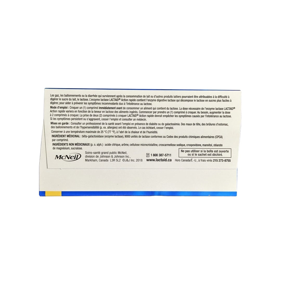 Description, directions, ingredients, cautions for Lactaid Ultra Strength Fast Act Lactase Enzyme Chewables (40 tablets) in French