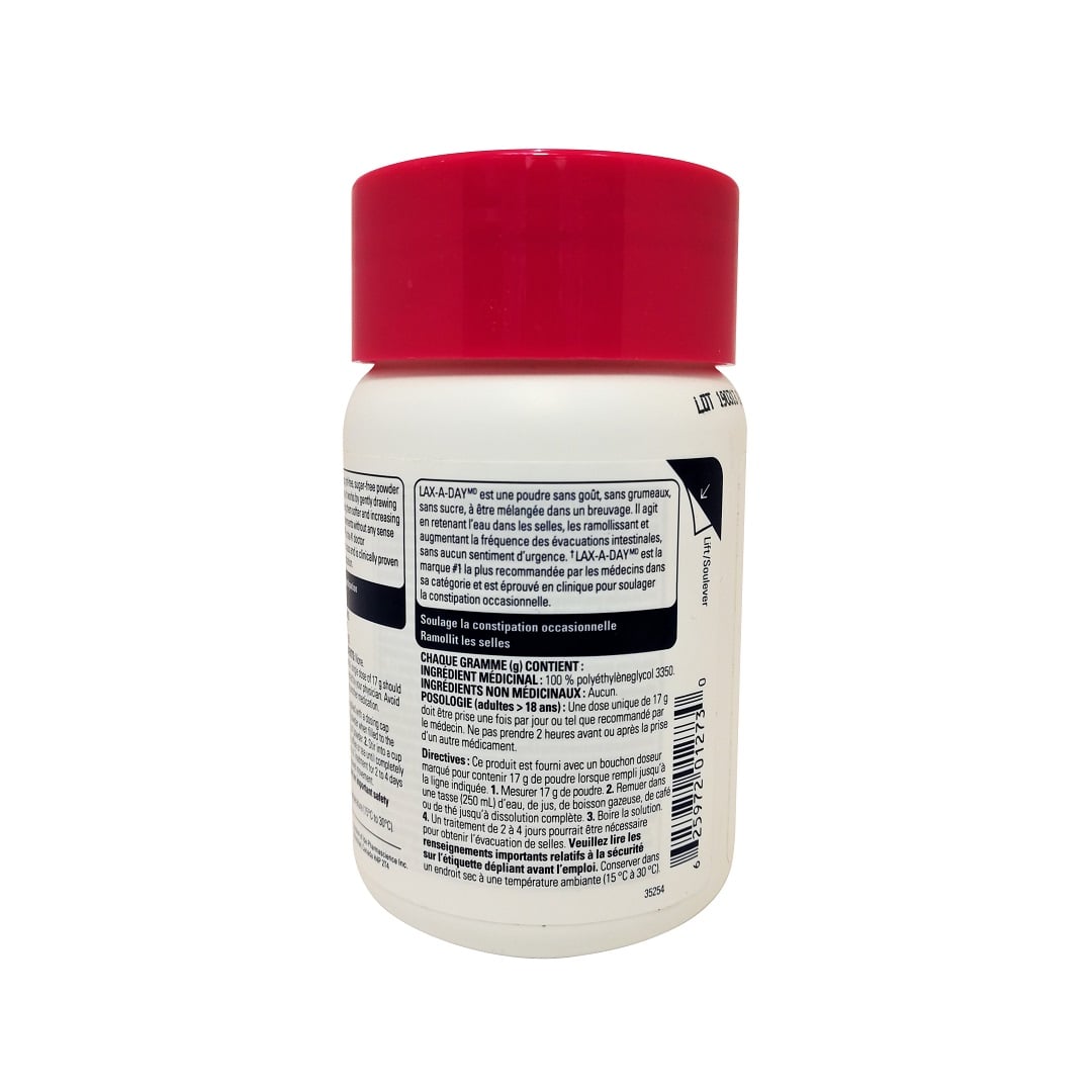 Ingredients, directions, and dosage for Lax-A-Day Laxative Powder (119 grams, 7 doses) in French
