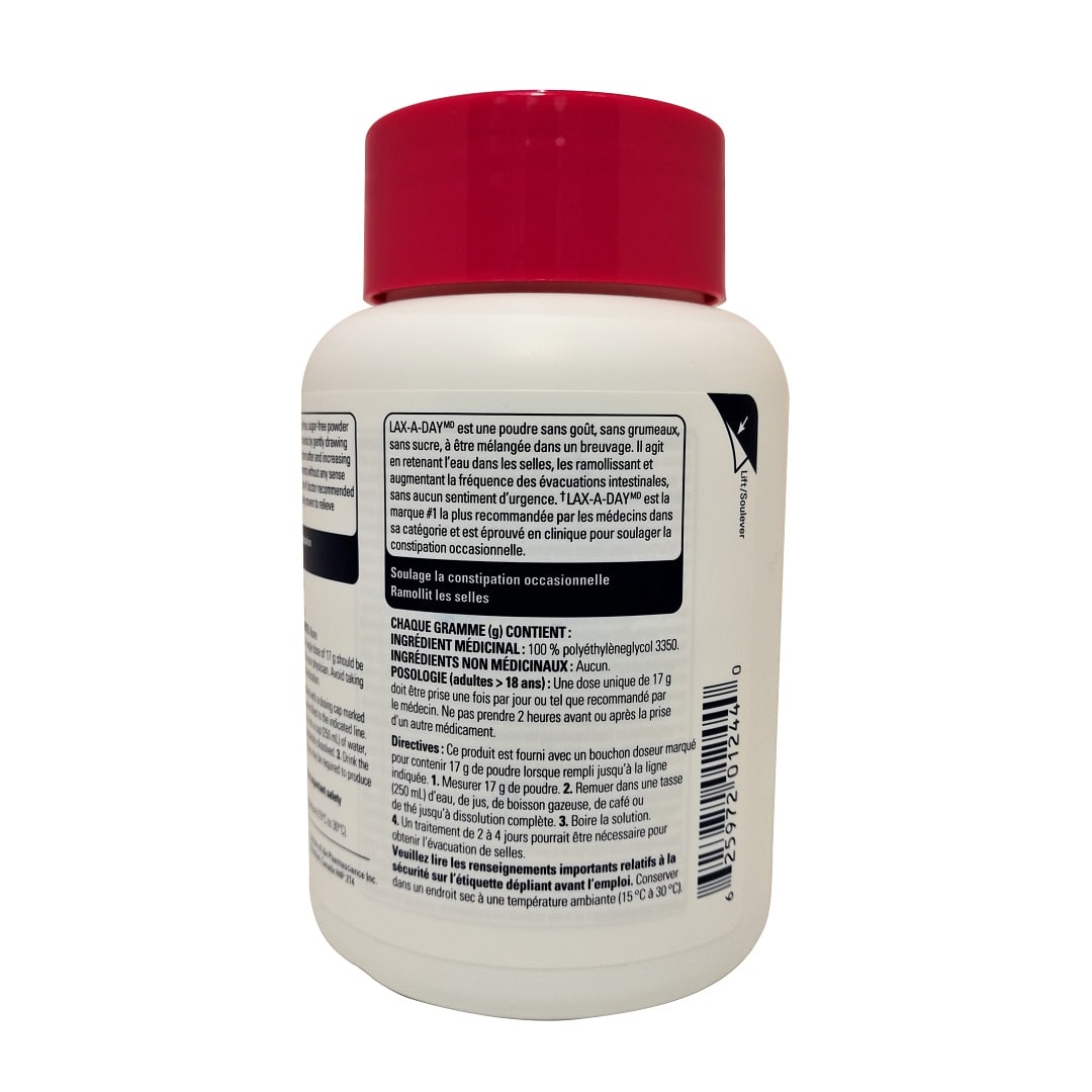 Ingredients, dosage, directions for Lax-A-Day Laxative Powder (238 grams, 14 doses) in French