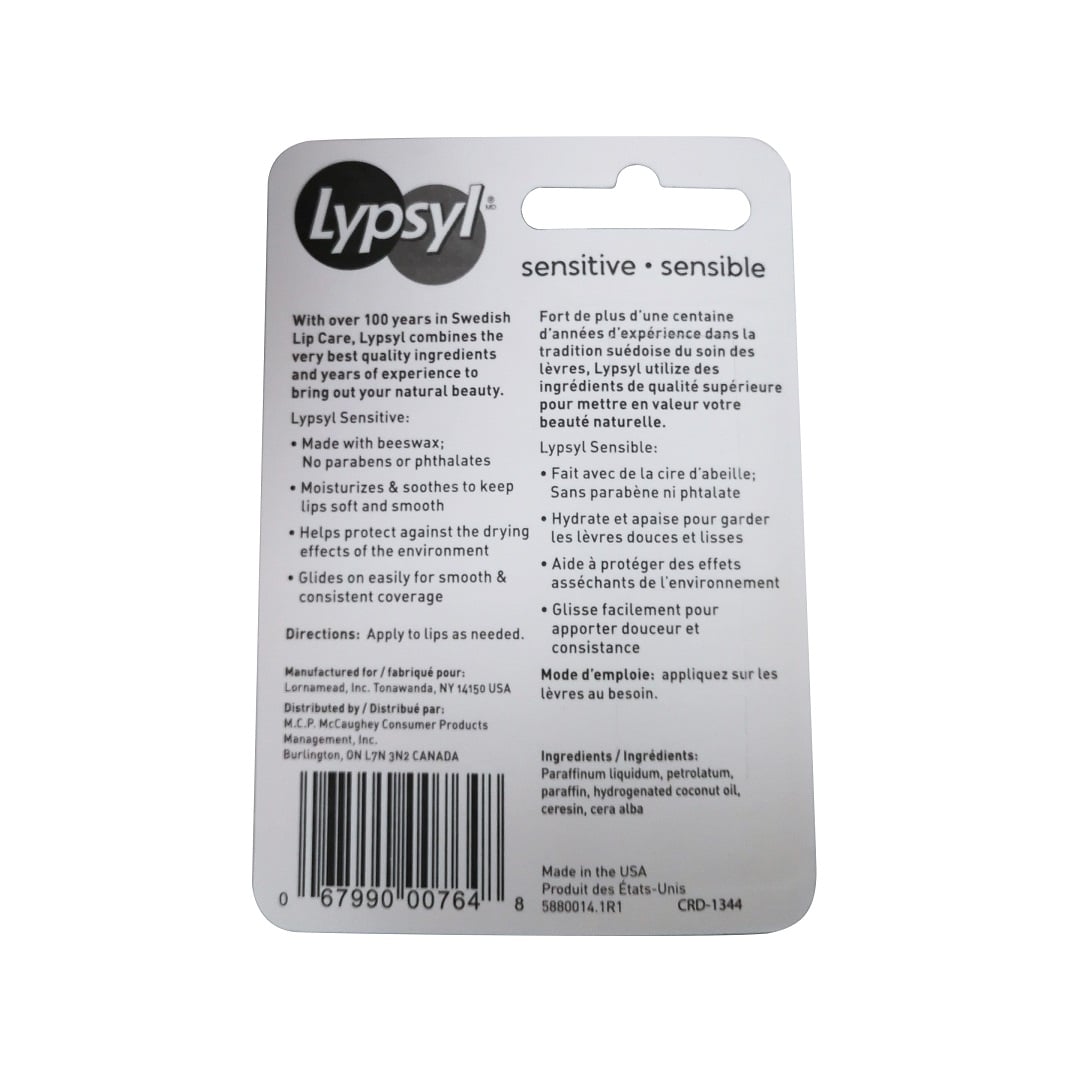 Details, directions, and ingredients for Lypsyl Sensitive Hypoallergenic Lip Balm