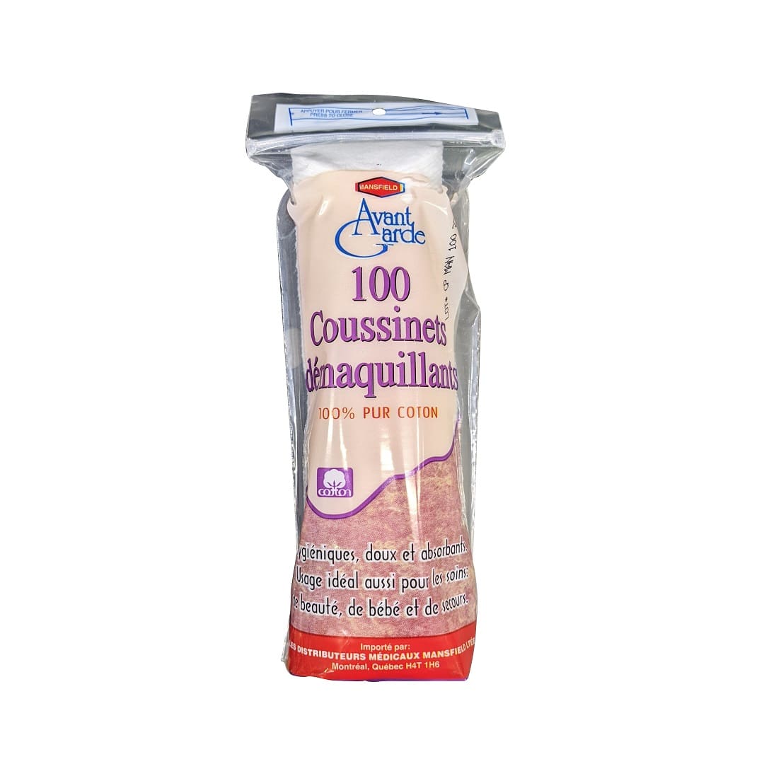 Product label for Mansfield Avant Garde Quilted Cotton Cosmetic Pads (100 count) in French