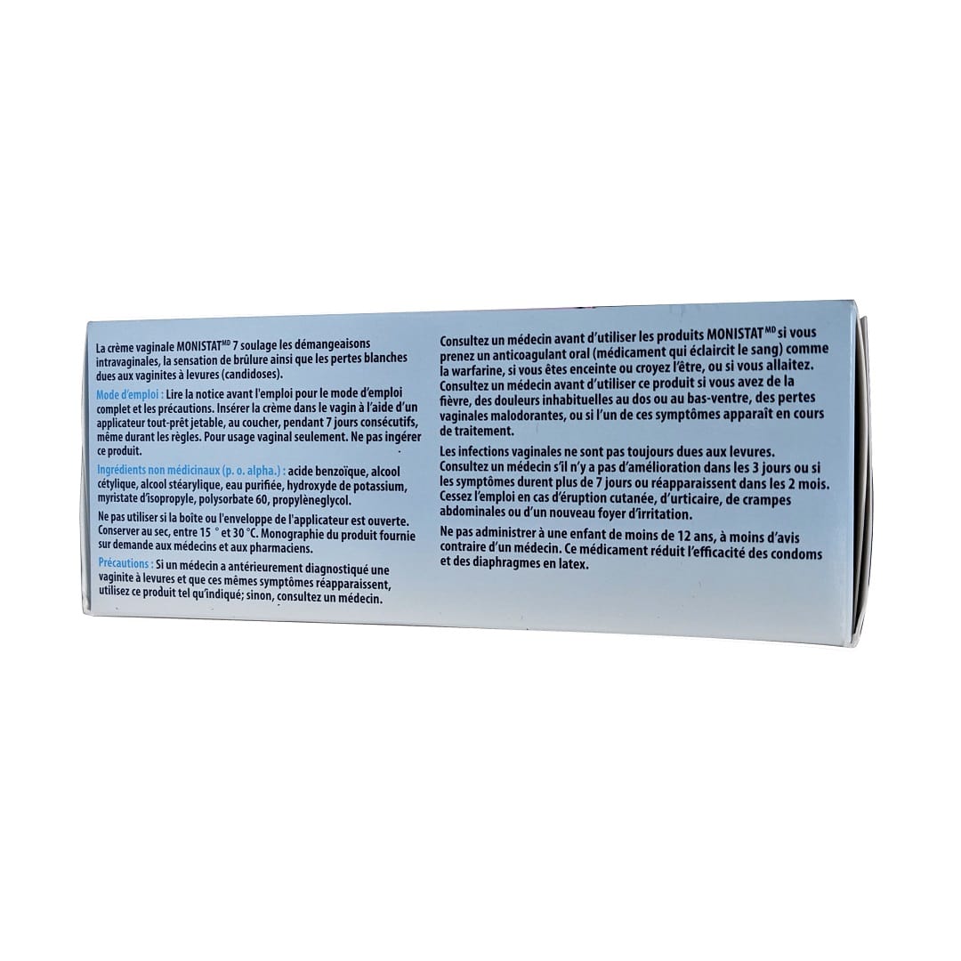 Directions, ingredients, and precautions for Monistat 7 Vaginal Cream (7 ovules) in French