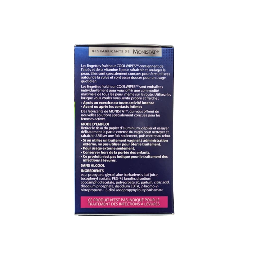 Description, directions, ingredients for Monistat Cool Wipes Personal Wipes (15 count) in French