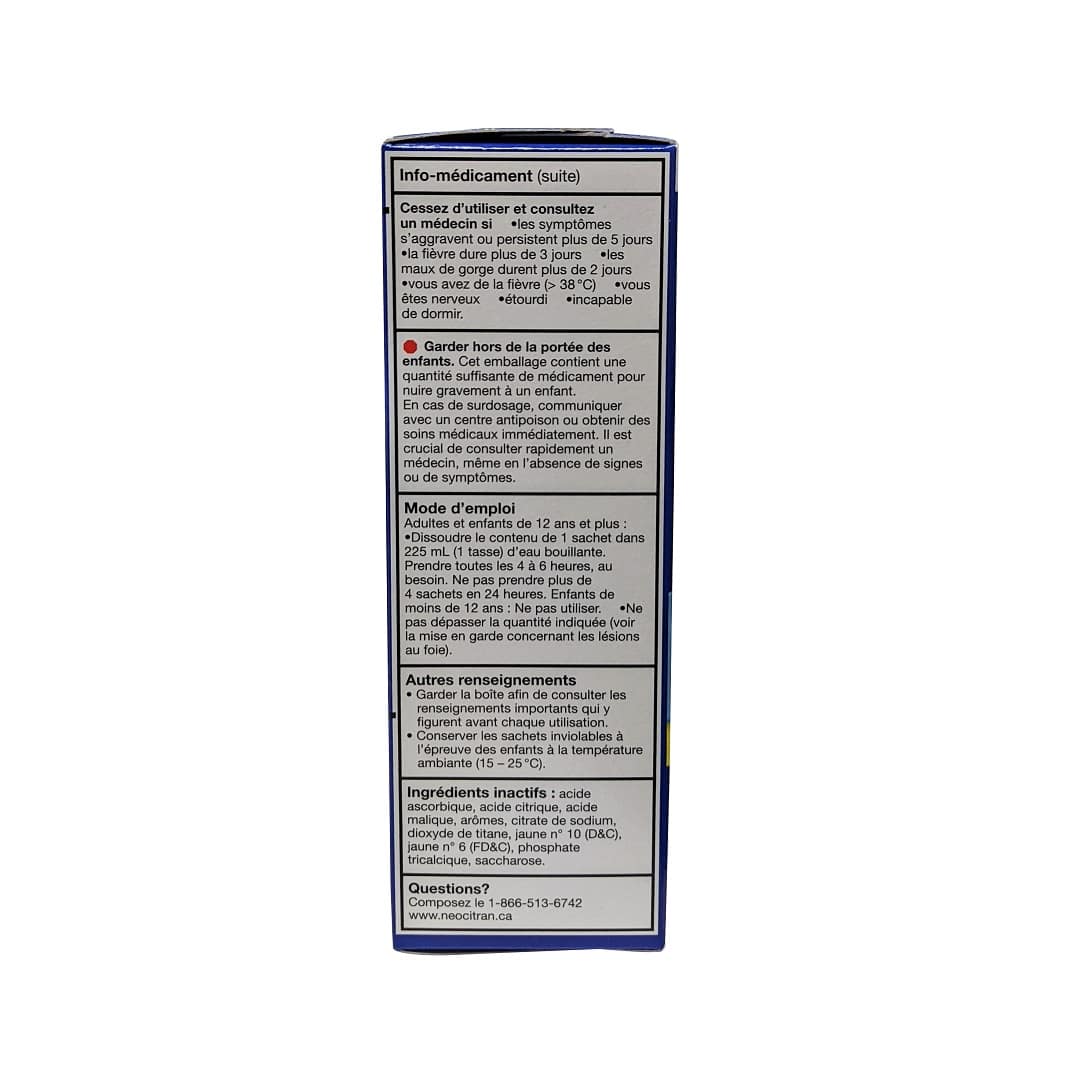 Directions, ingredients, and cautions for NeoCitran Extra Strength Nighttime Cold & Sore Throat Lemon Flavour in French